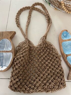 Braided Knit Tote Bag in Tan